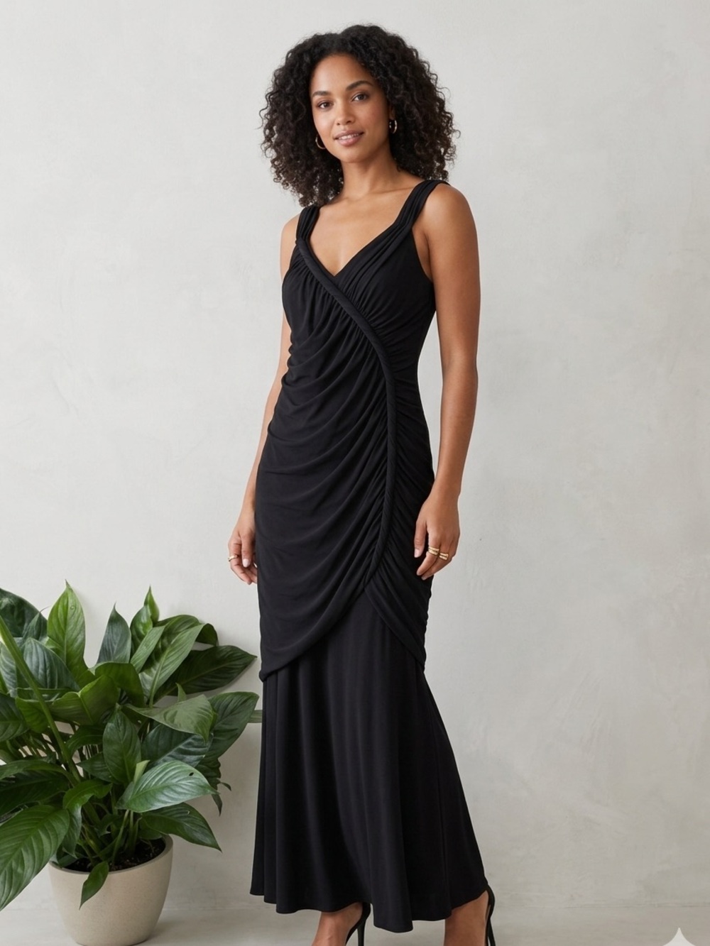 Laundry By Shelli Segal Black Ruched V-Neck Maxi Dress
